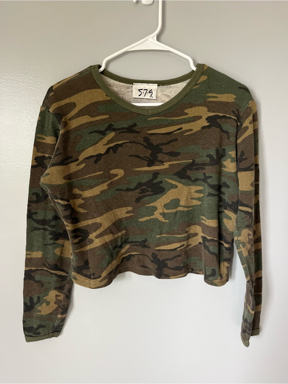 Vintage USA Camo Thermal Crop Top Long Sleeve Waffle Knit Size L